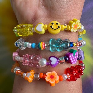 Y2K 90s Nostalgia Beaded Bracelet Stack: Smiley Face, Gummy Bear, Fruit Charm Nostalgic Millennial Jewelry image 2