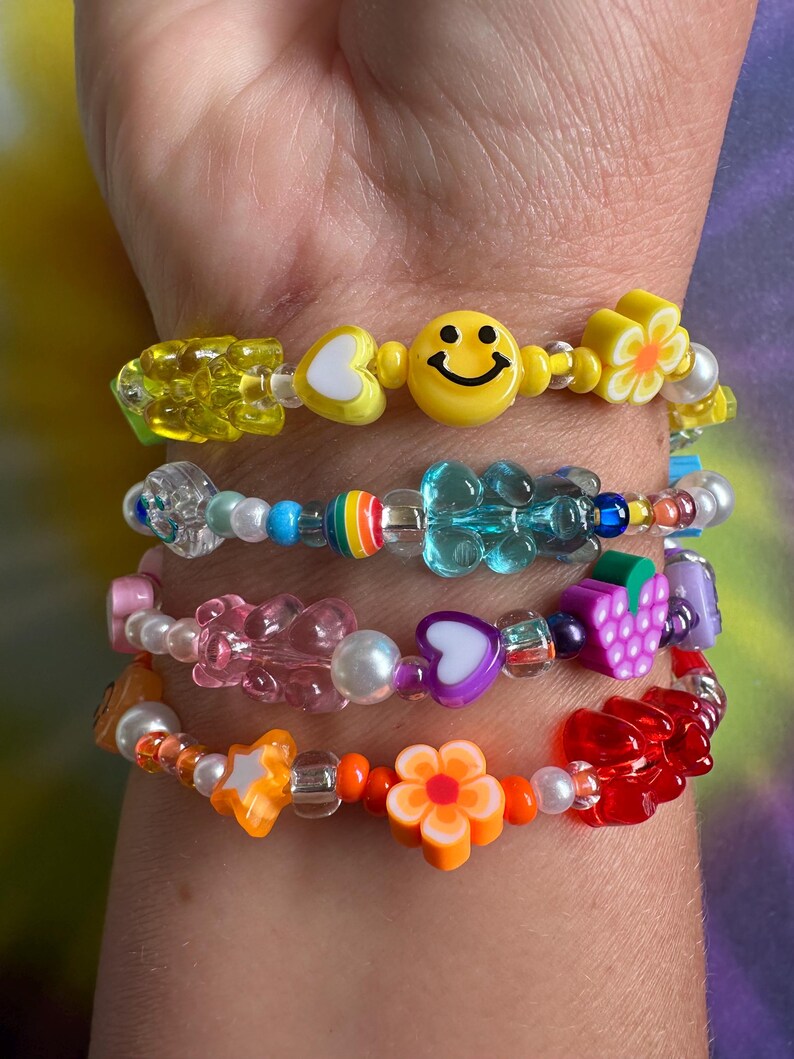 Y2K 90s Nostalgia Beaded Bracelet Stack: Smiley Face, Gummy Bear, Fruit Charm Nostalgic Millennial Jewelry image 2