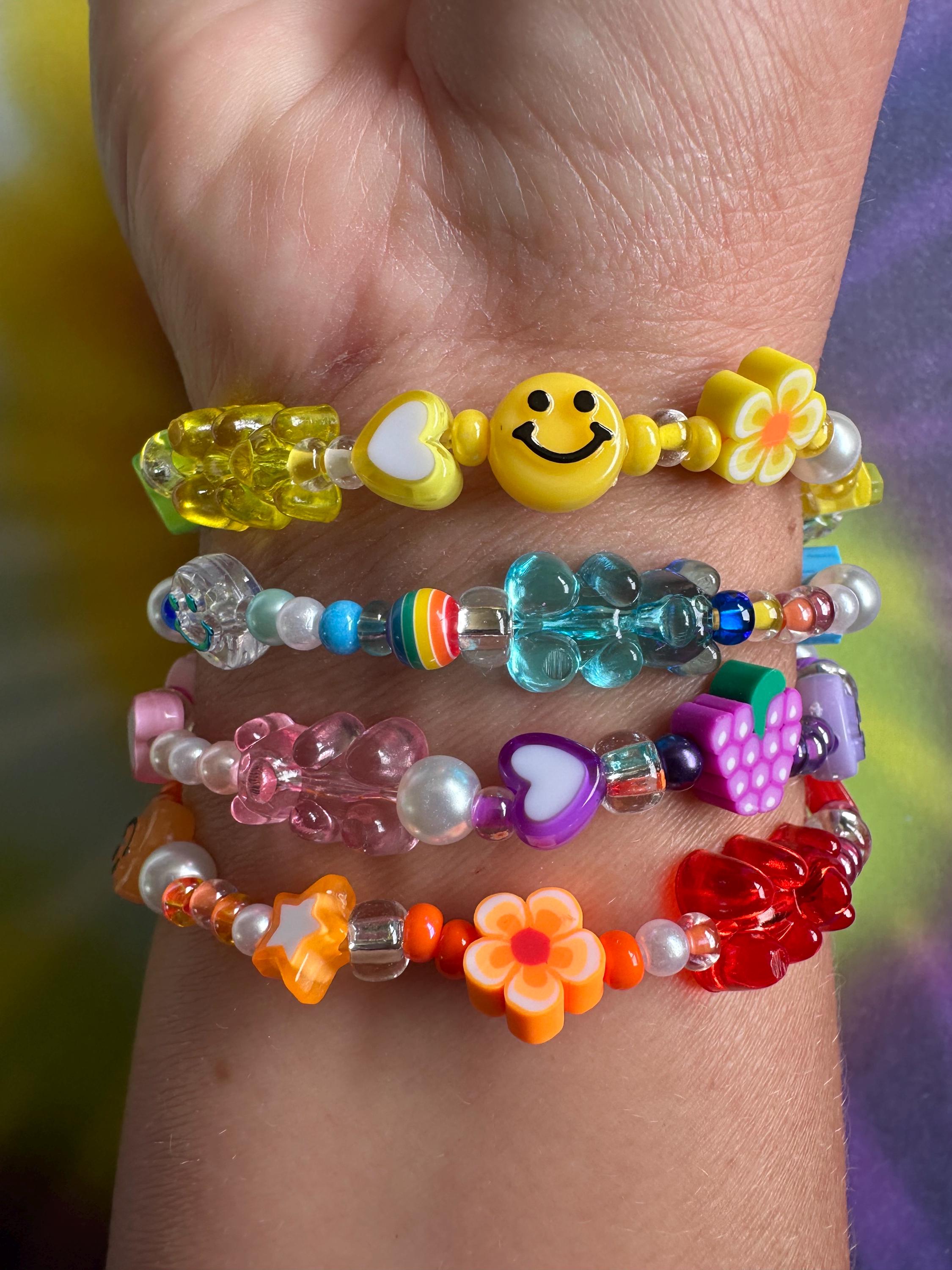 Y2K 90s Nostalgia Beaded Bracelet Stack: Smiley Face, Gummy Bear
