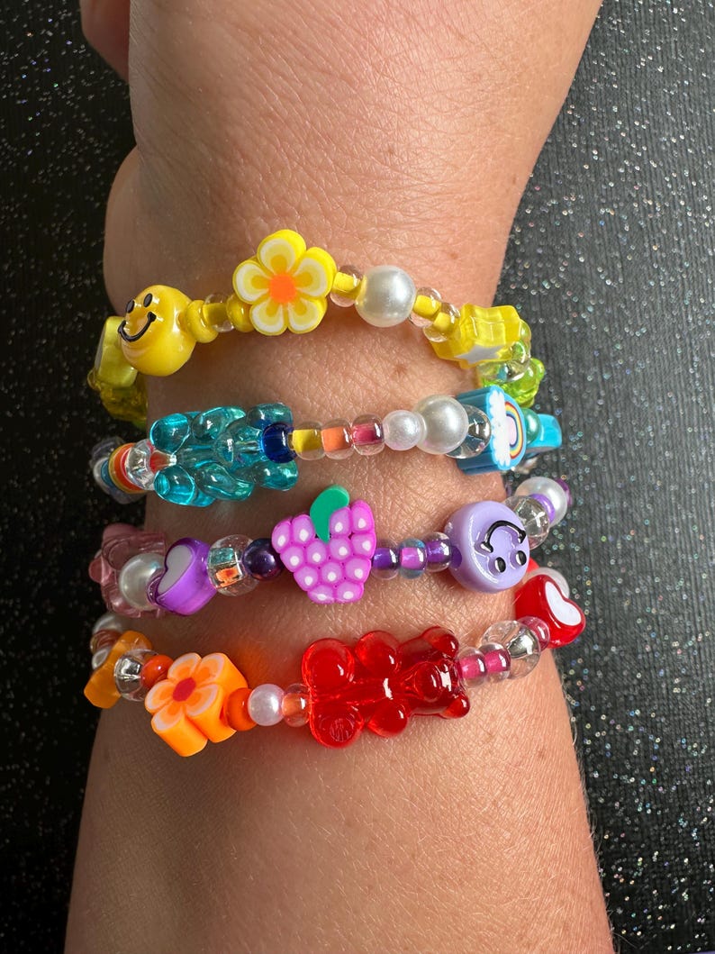 Y2K 90s Nostalgia Beaded Bracelet Stack: Smiley Face, Gummy Bear, Fruit Charm Nostalgic Millennial Jewelry image 5