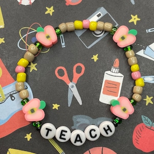 Teach Bracelet Pink Apple Clay Fruit Beaded Stretch Pencil Theme Inspired  Teacher Gift Appreciation Jewelry Accessory
