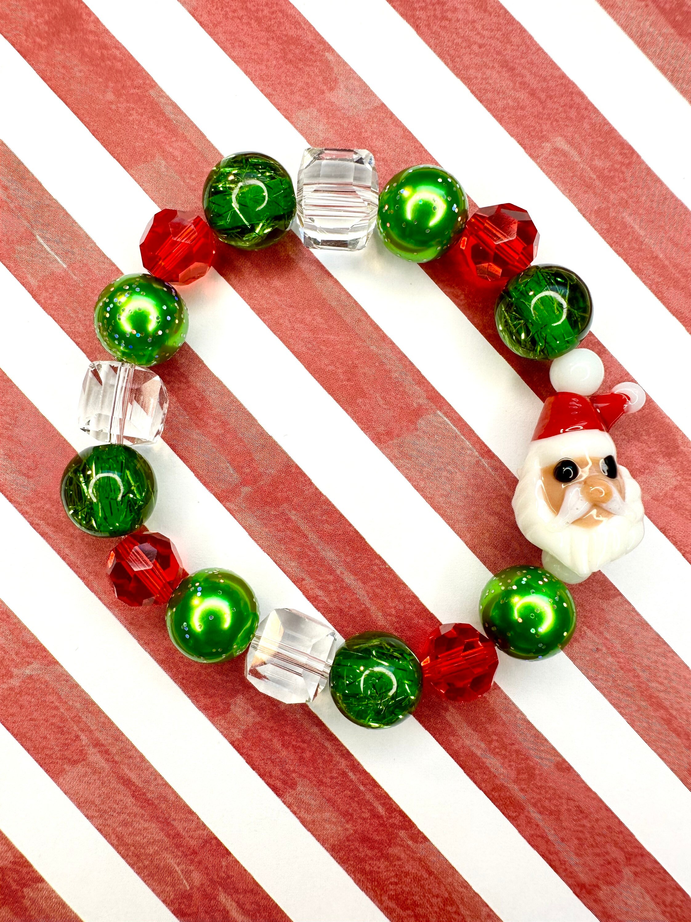 Santa Bracelet Red Green Glass Christmas Jewelry Stretch Beaded