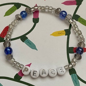 Christmas Holiday Bracelet Peace Winter Glass Beaded Blue & Clear Saying Word Silver Letter Stretch Custom Jewelry Stackable Single Layer
