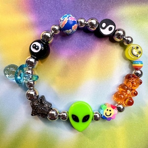 90’s Y2K Style Aesthetic Trend Bracelet Plastic & Clay Beaded Smiley Faces Ying Yang Pacifier Magic 8 Ball Aliens Stars Kawaii Kandi Rave
