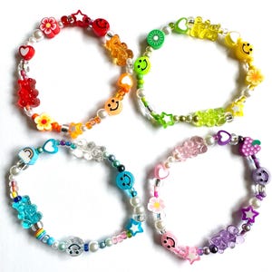 Y2K 90s Nostalgia Beaded Bracelet Stack: Smiley Face, Gummy Bear, Fruit Charm Nostalgic Millennial Jewelry image 3