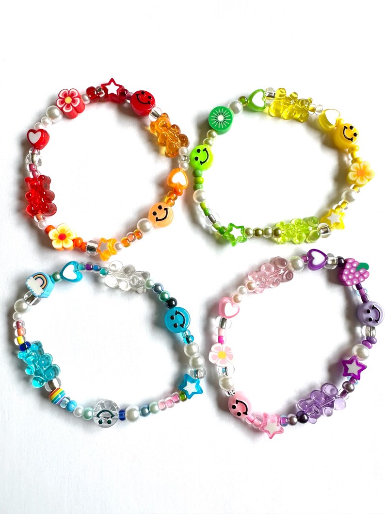 Y2K 90s Nostalgia Beaded Bracelet Stack: Smiley Face, Gummy Bear, Fruit Charm Nostalgic Millennial Jewelry image 3