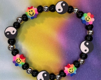 Y2K Beaded Bracelet: 90s Clay Ying Yang, Flower Power