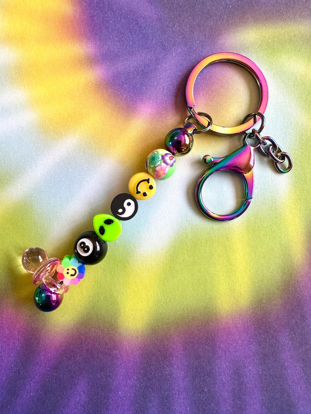90s Y2K Alien Beads Keychain: Yin Yang, Smiley Face, Magic 8 Ball