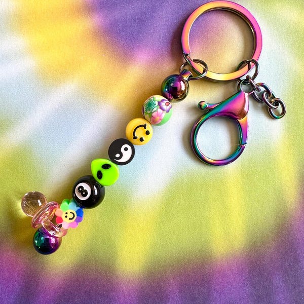 90s Y2K Alien Beads Keychain: Yin Yang, Smiley Face, Magic 8 Ball, Pacifier