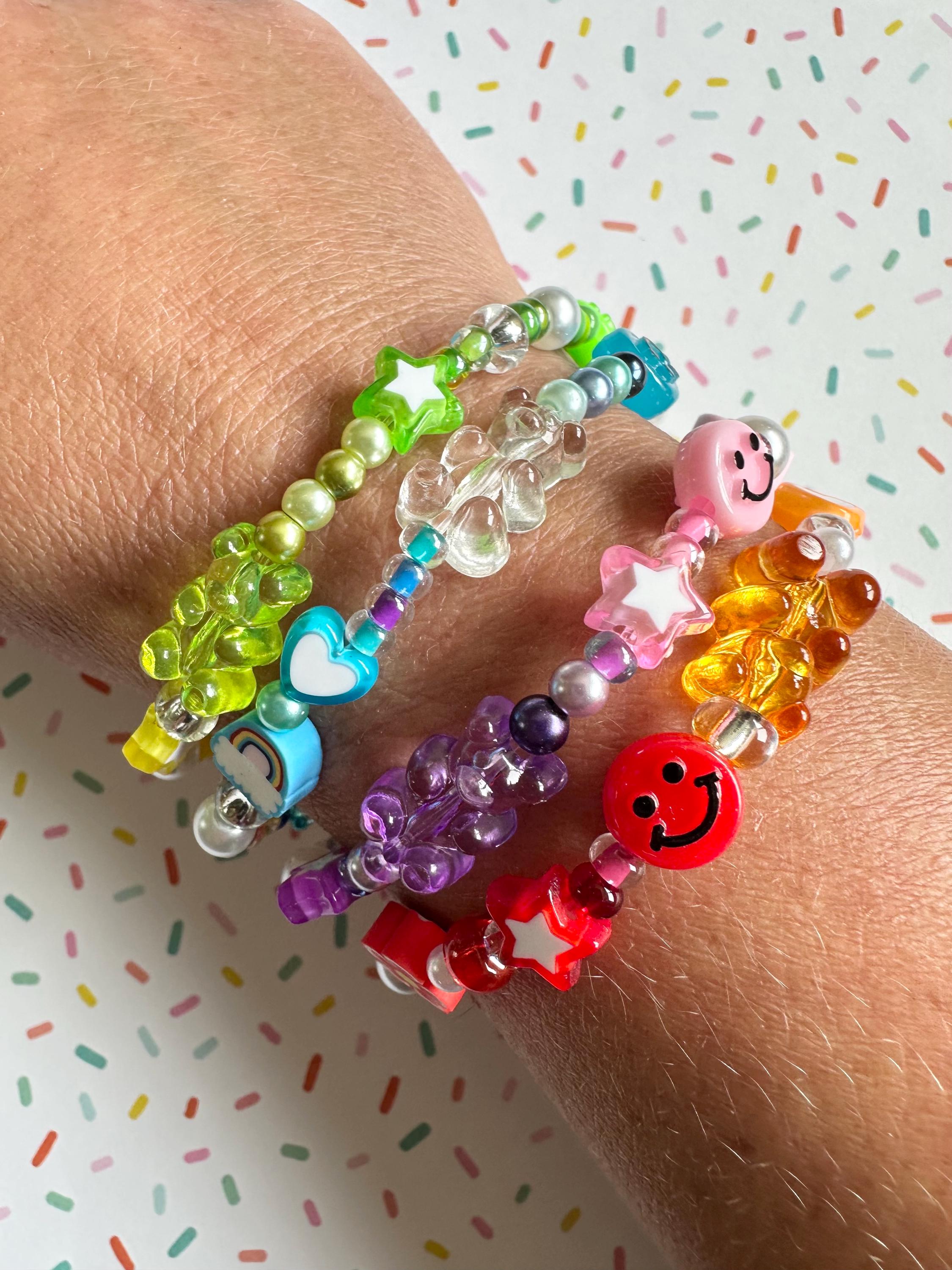 Y2K 90s Nostalgia Beaded Bracelet Stack: Smiley Face, Gummy Bear