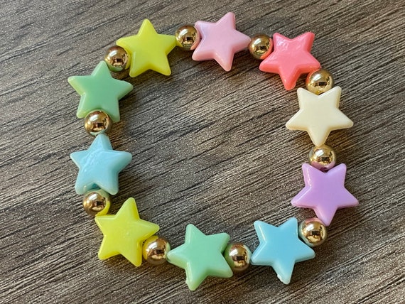 Stars Plastic Pastel Bead Bracelet Gold Stretch Kawaii Kandi Rave Trend 90s  Y2K Style Stackable Layering Trend Jewelry 