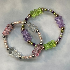 Gummy Bear & Pearl Bracelets Gold and Silver Spacers Girly Y2K 90’s Nostalgic Trend Fashion Accessory Style Layering Stackable Arm Candy