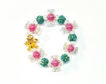 Gingerbread Man & Christmas Candy Bracelet Pink Green Modern Holiday Sparkle Rhinestone Acrylic Glass 12mm Beads Novelty Holiday Accessory