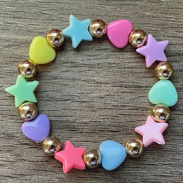 Stars And Hearts  Bracelet Gold Pastel Kawaii Style Trend Jewelry Stackable Layering Friendship Stretchy Beaded Accessory