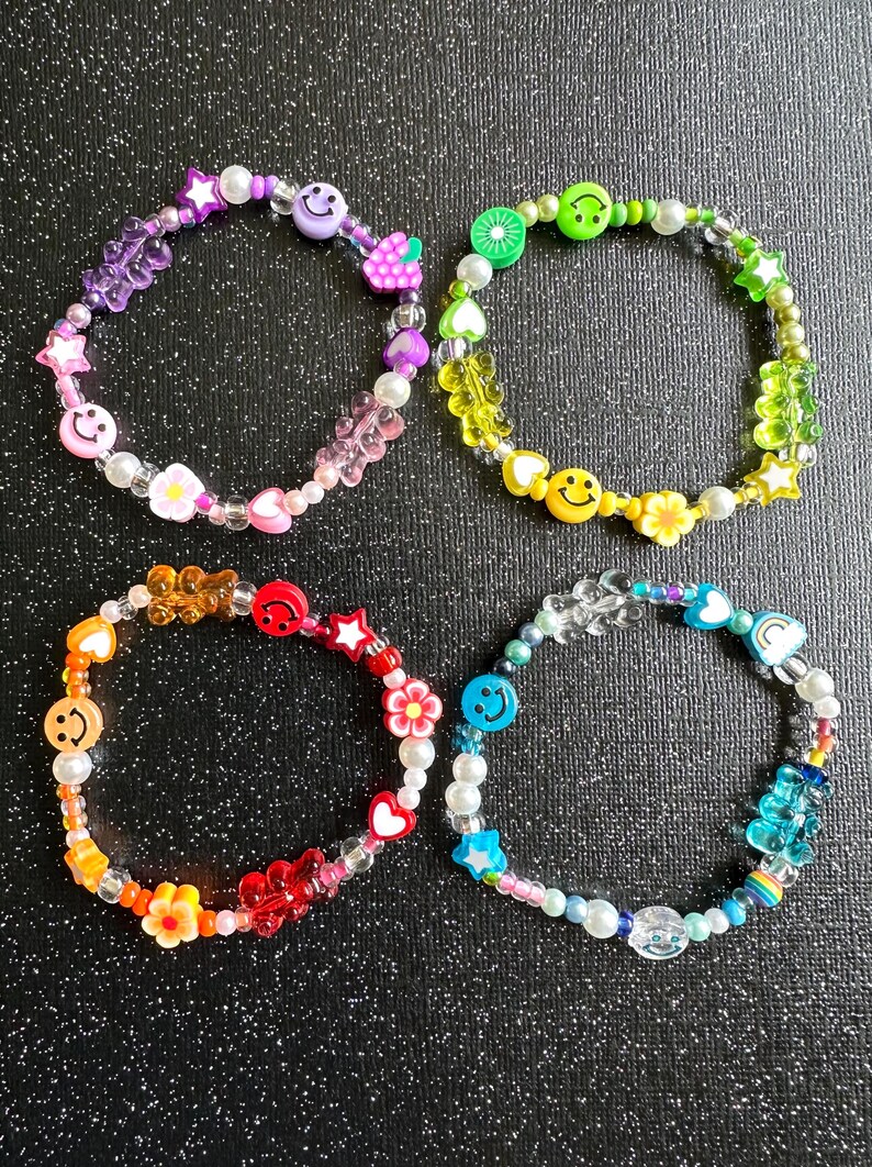Y2K 90s Nostalgia Beaded Bracelet Stack: Smiley Face, Gummy Bear, Fruit Charm Nostalgic Millennial Jewelry image 9