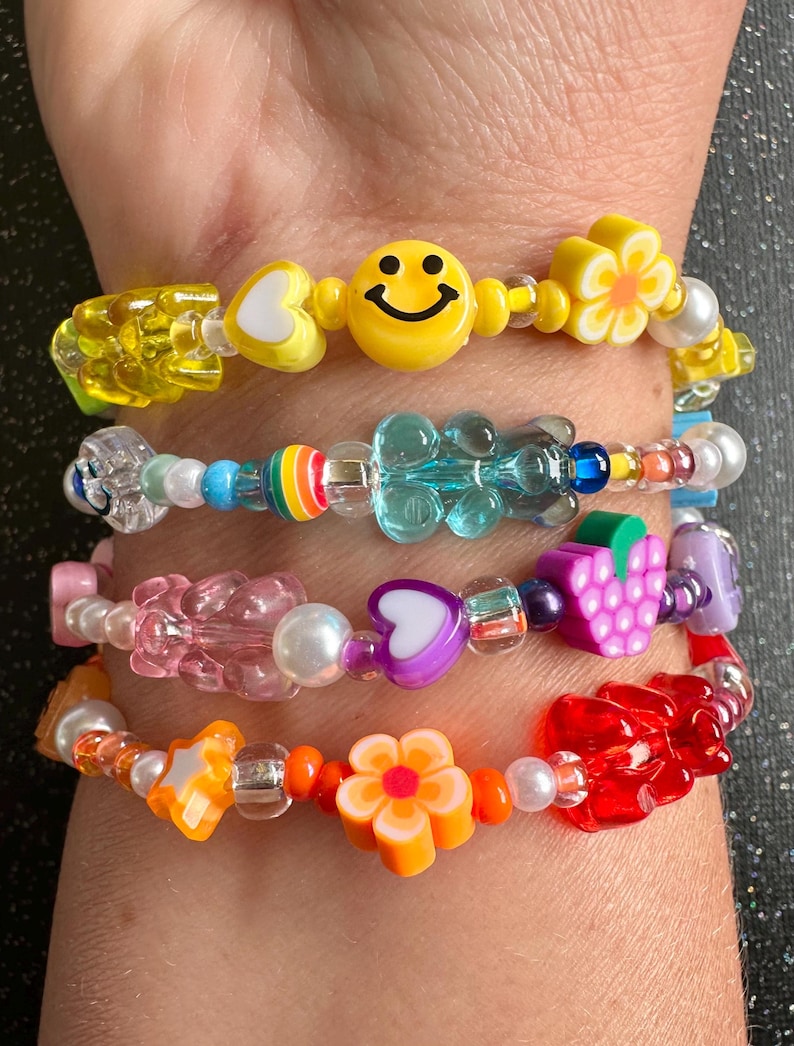 Y2K 90s Nostalgia Beaded Bracelet Stack: Smiley Face, Gummy Bear, Fruit Charm Nostalgic Millennial Jewelry image 4