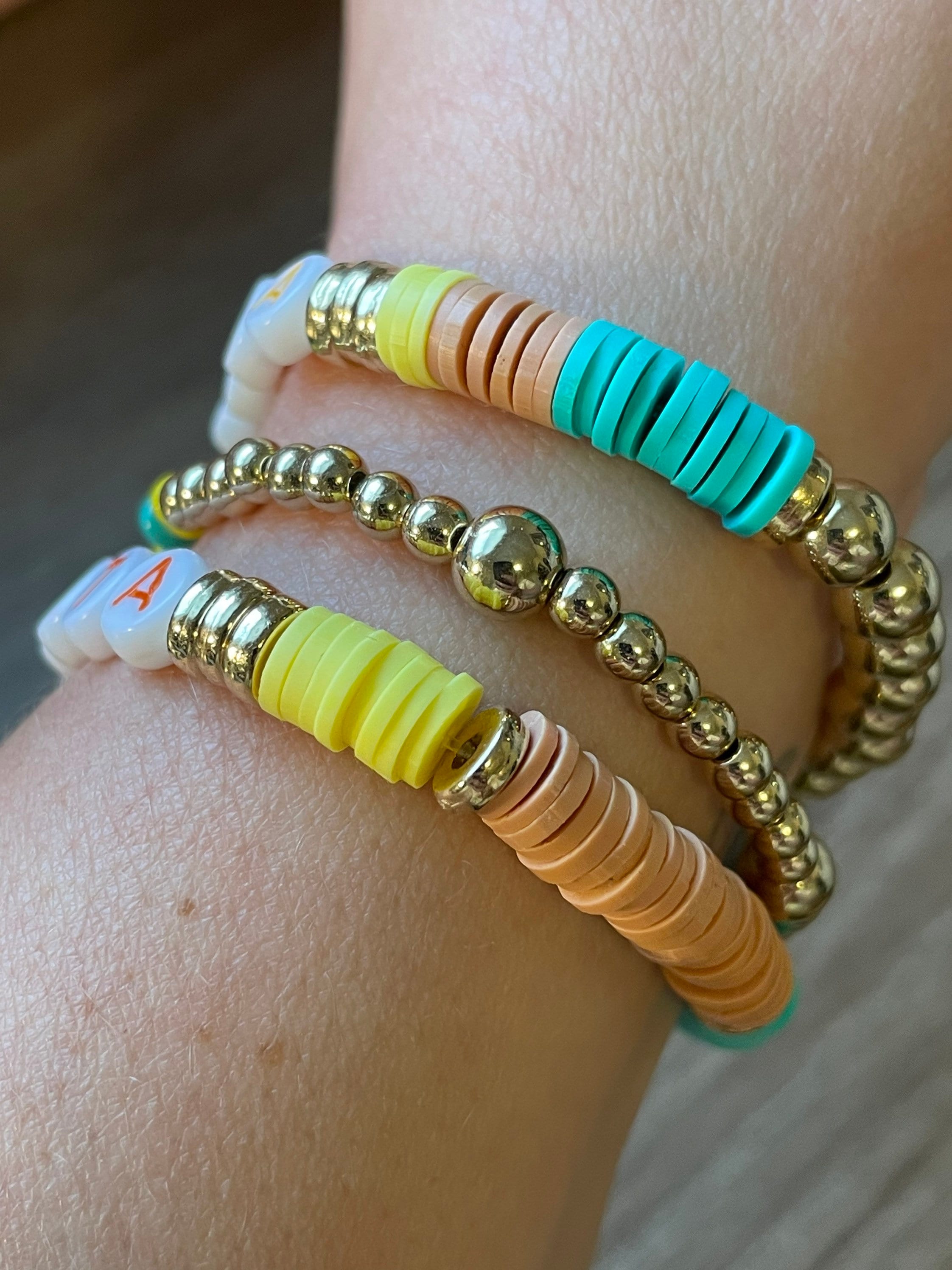 Hakuna Matata Bracelet Stack Heishi Clay Beaded Gold Colored