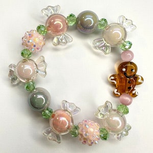 Gingerbread Man & Christmas Candy Bracelet Pink Green Modern Holiday Sparkle Rhinestone Acrylic Glass 12mm Beads Novelty Holiday Accessory