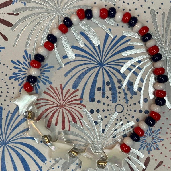 Shell Star Bracelet Patriotic Red White Blue Nautical Mother Of Pearl Stars Stretchy Glass Seed Beaded Jewelry Summer Accessory