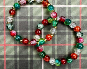 Christmas Glass Crackle Beaded Bracelet Stretch Retro Vintage Xmas Candy Inspired Layering Stackable Stocking Stuffer Holiday Winter Party