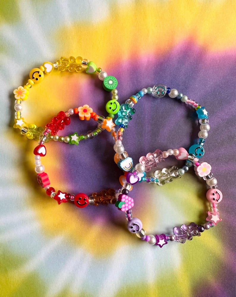 Y2K 90s Nostalgia Beaded Bracelet Stack: Smiley Face, Gummy Bear, Fruit Charm Nostalgic Millennial Jewelry image 8