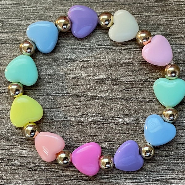 Pastel Hearts Bracelets Gold Colored Spacer Beaded Stretch Multicolored Rainbow Ombré Accessory