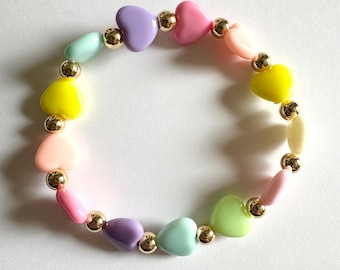 Pastel Hearts Bracelets Gold Colored Spacer Beaded Stretch Multicolored Rainbow Ombré Accessory