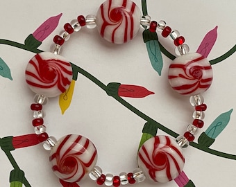 Peppermint Glass Bracelet Novelty Christmas Holiday Winter Party Jewelry Accessory Stretch Beaded Stackable Statement