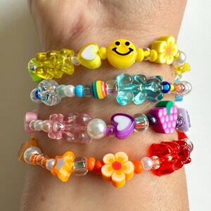 Y2K 90s Nostalgia Beaded Bracelet Stack: Smiley Face, Gummy Bear, Fruit Charm Nostalgic Millennial Jewelry image 6
