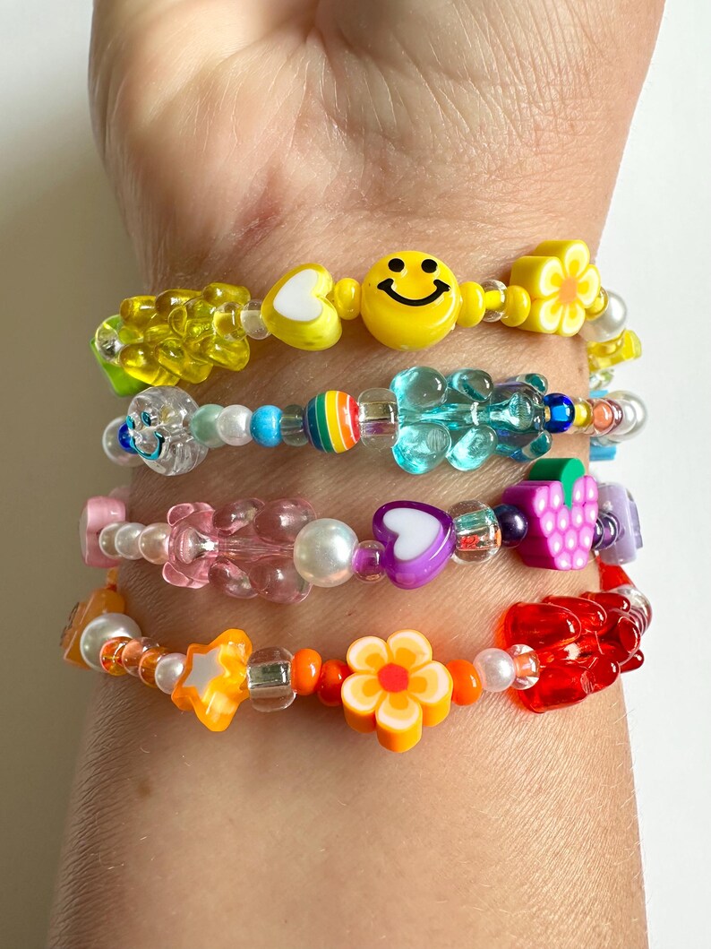 Y2K 90s Nostalgia Beaded Bracelet Stack: Smiley Face, Gummy Bear, Fruit Charm Nostalgic Millennial Jewelry image 6