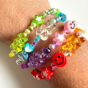 Y2K 90s Nostalgia Beaded Bracelet Stack: Smiley Face, Gummy Bear, Fruit Charm Nostalgic Millennial Jewelry image 1