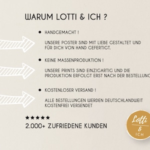 May include: A graphic with the text "WARUM LOTTI & ICH?" and three bullet points describing the benefits of purchasing from this shop. The bullet points are "HANDGEMACHT!", "KEINE MASSENPRODUKTION!" and "KOSTENLOSER VERSAND!" The graphic also includes a five-star rating and the text "2.000+ ZUFRIEDENE KUNDEN".