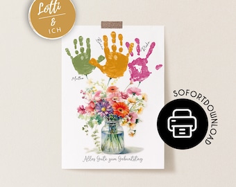 Geschenk von Kindern zum Geburtstag | Handabdruck Poster zum Geburtstag | Blumenstrauß Poster mit Kinder Handabdruck | SOFORTDOWNLOAD