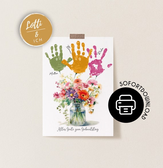 Geschenk von Kindern zum Geburtstag | Handabdruck Poster zum Geburtstag | Blumenstrauß Poster mit Kinder Handabdruck | SOFORTDOWNLOAD