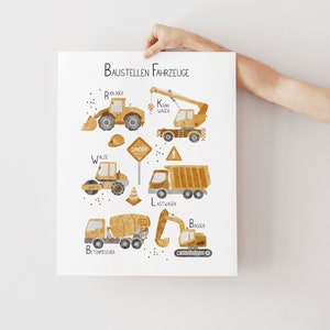 Poster mit Fahrzeugen für Kinderzimmer | Wanddeko Kinderzimmer | Geschenk zur Einschulung Geburtstag | Kinderposter Baustellenfahrzeuge