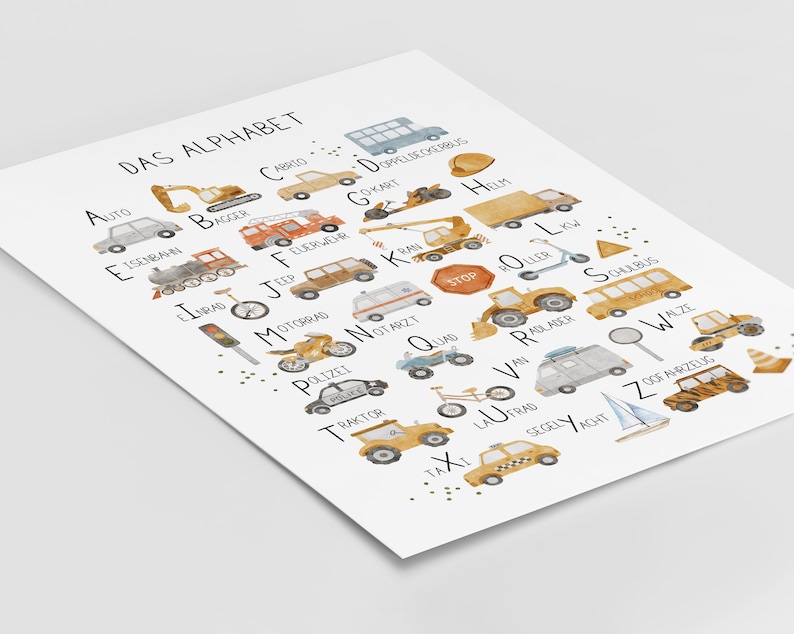 May include: A colorful alphabet chart featuring various vehicles and transportation, including a car, bus, train, motorcycle, and more. Each letter of the alphabet is paired with a corresponding vehicle and its German name.