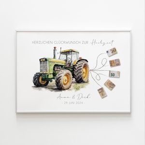 Geldgeschenk zur Hochzeit | Personalisiertes Geldgeschenk für Brautpaar | Traktor mit Geldscheinen