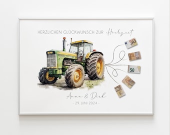 Geldgeschenk zur Hochzeit | Personalisiertes Geldgeschenk für Brautpaar | Traktor mit Geldscheinen