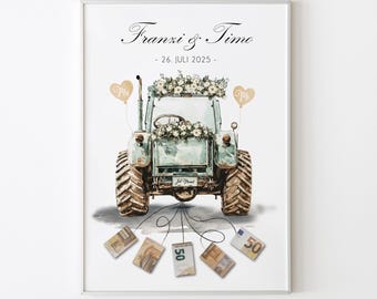 Money gift for wedding | Personalized money gift for bride and groom | Tractor with banknotes | Wedding gift tractor bride and groom