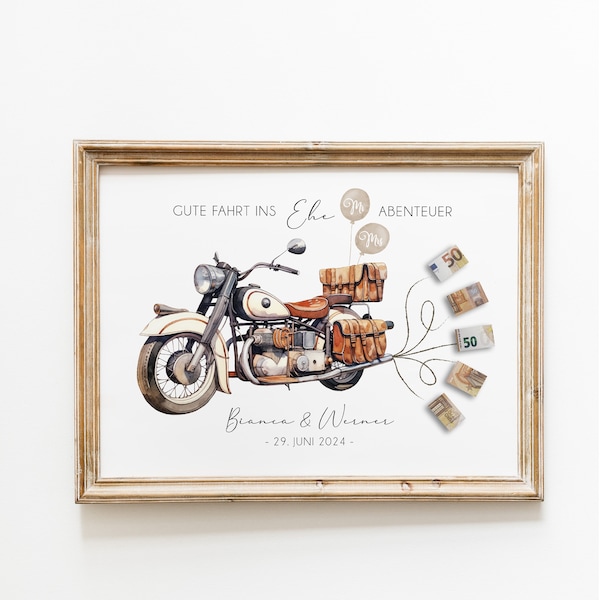 Geldgeschenk zur Hochzeit | Personalisiertes Geldgeschenk für Brautpaar | Motorrad mit Geldscheinen