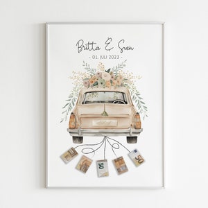 Personalisiertes Geldgeschenk für Brautpaar | Geldgeschenk zur Hochzeit | Auto mit Geldscheinen