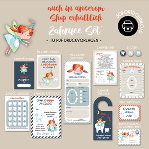 May include: A collection of printable tooth fairy themed items, including a certificate, a tooth chart, a door hanger, and a letter. The designs feature a fairy and a tooth. The text includes "Zahnfee Set" and "10 PDF Druckvorlagen."