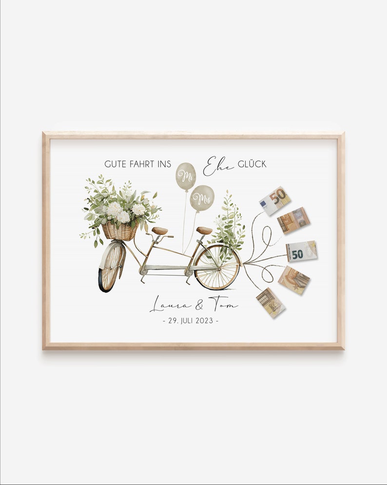 Personalisiertes Geldgeschenk für Brautpaar Geldgeschenk zur Hochzeit Fahrrad mit Geldscheinen Tandem Hochzeitsgeschenk Bild 7