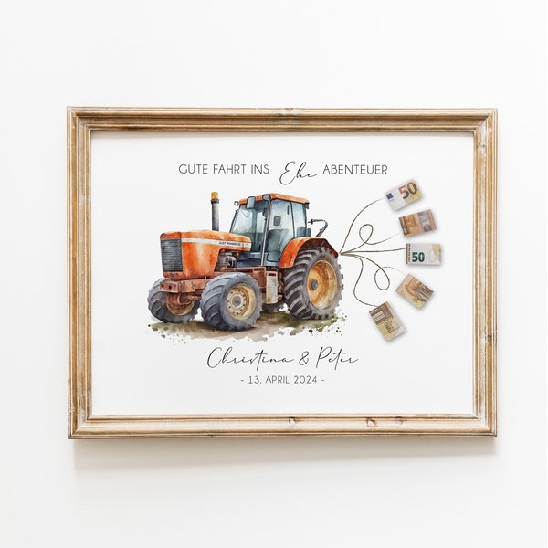 Money gift for the wedding | Personalized money gift for newlyweds | Tractor with banknotes