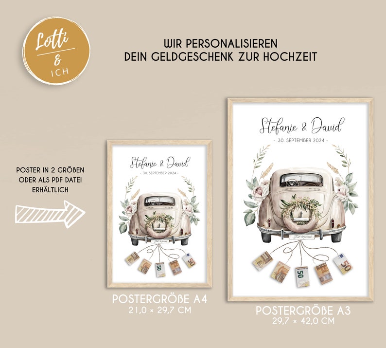 Personalisiertes Geldgeschenk für Brautpaar Geldgeschenk zur Hochzeit Auto mit Geldscheinen Bild 3