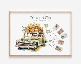 Personalized money gift for the bride and groom | Money gift for the wedding | Car with banknotes | Packaging wedding gift
