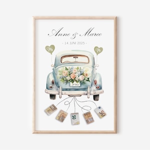 Personalisiertes Geldgeschenk für Brautpaar | Geldgeschenk zur Hochzeit | Auto mit Geldscheinen | Verpackung Hochzeitsgeschenk