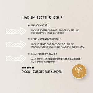 May include: A poster with text in German, including the words "WARUM LOTTI & ICH ?" and bullet points about handmade quality, unique prints, and satisfied customers. A small circular logo is in the bottom right corner.