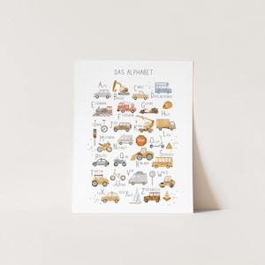 May include: A colorful alphabet chart featuring illustrations of various vehicles, including a car, truck, train, motorcycle, and airplane. The chart is titled "Das Alphabet" in German, which means "The Alphabet".