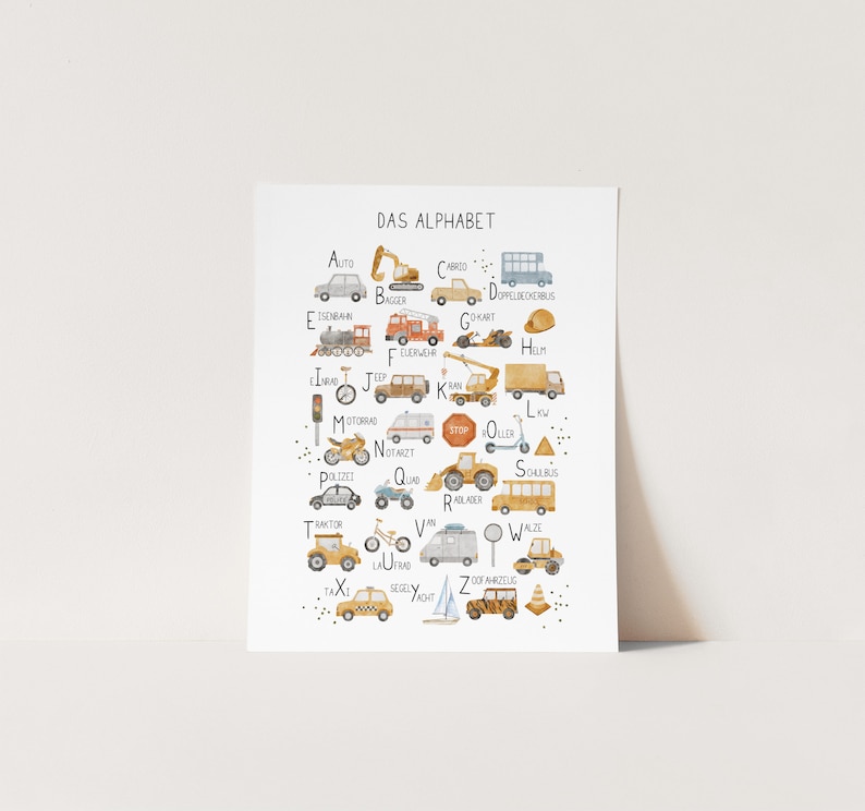 May include: A colorful alphabet chart featuring illustrations of various vehicles, including a car, truck, train, motorcycle, and airplane. The chart is titled "Das Alphabet" in German, which means "The Alphabet".